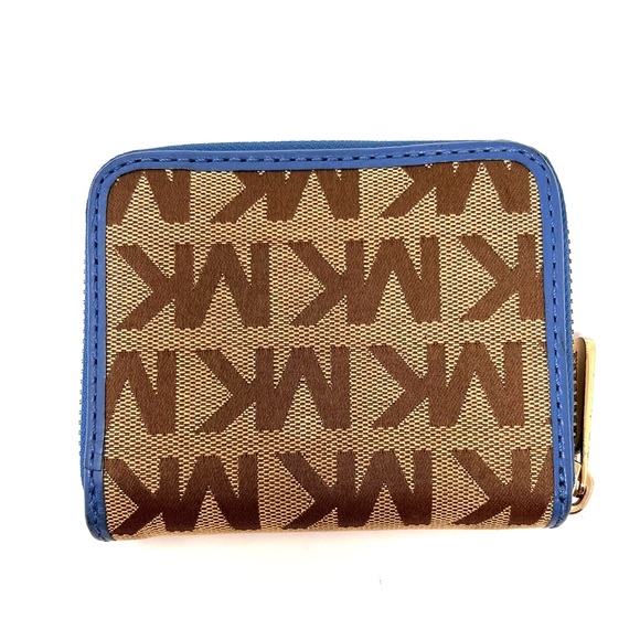 Michael Kors Tan Signature Logo Canvas Blue Leather Zip Around Bifold Wallet - Picture 2 of 10
